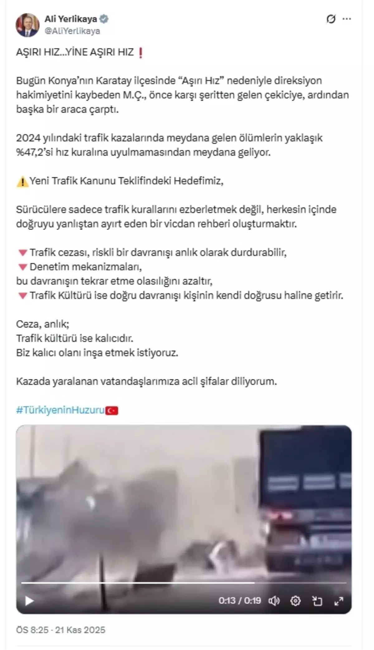 Trafik Kazalarındaki Hız İhlali Oranı %47,2